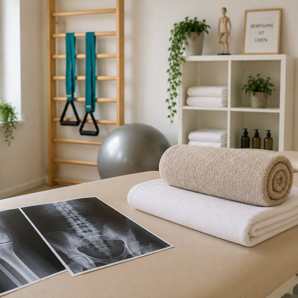 Physiotherapieraum mit Handtüchern und Röntgenbildern